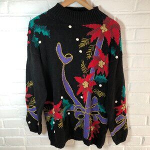 Debra Lubell 1992 Embroidered Christmas Poinsettia Knit Sweater Women's Medium